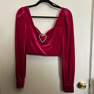 F21 Velvet Cropped Blouson Sleeve Top with Rhinestone Heart in FUCHSIA